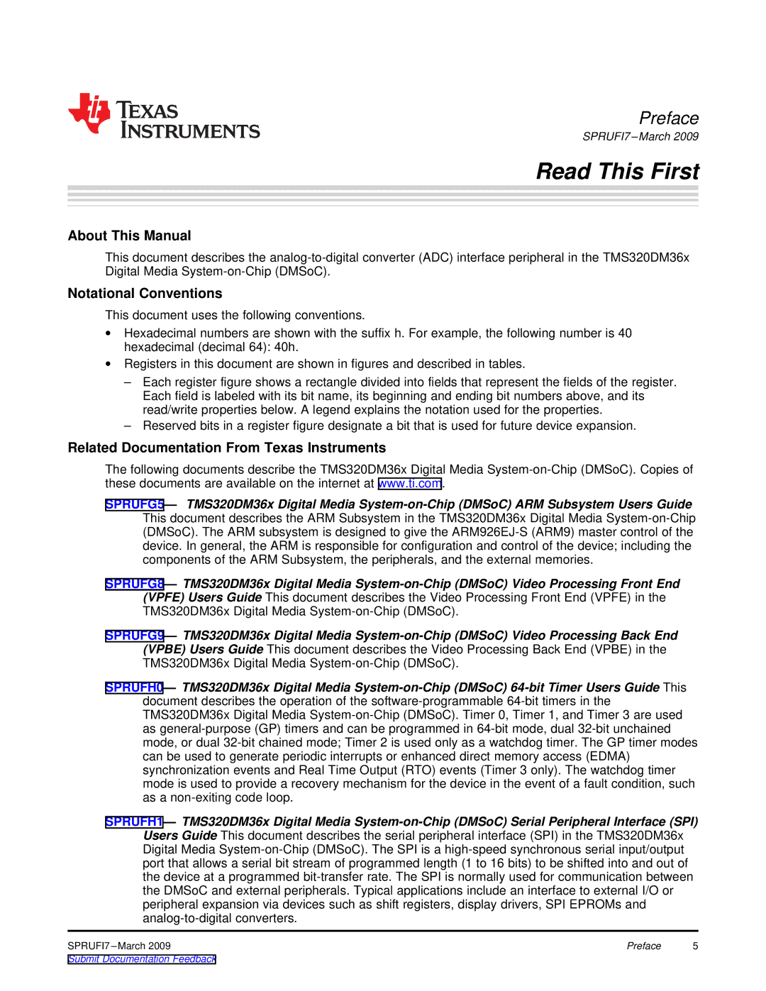 Texas Instruments TMS320DM36X manual Read This First 