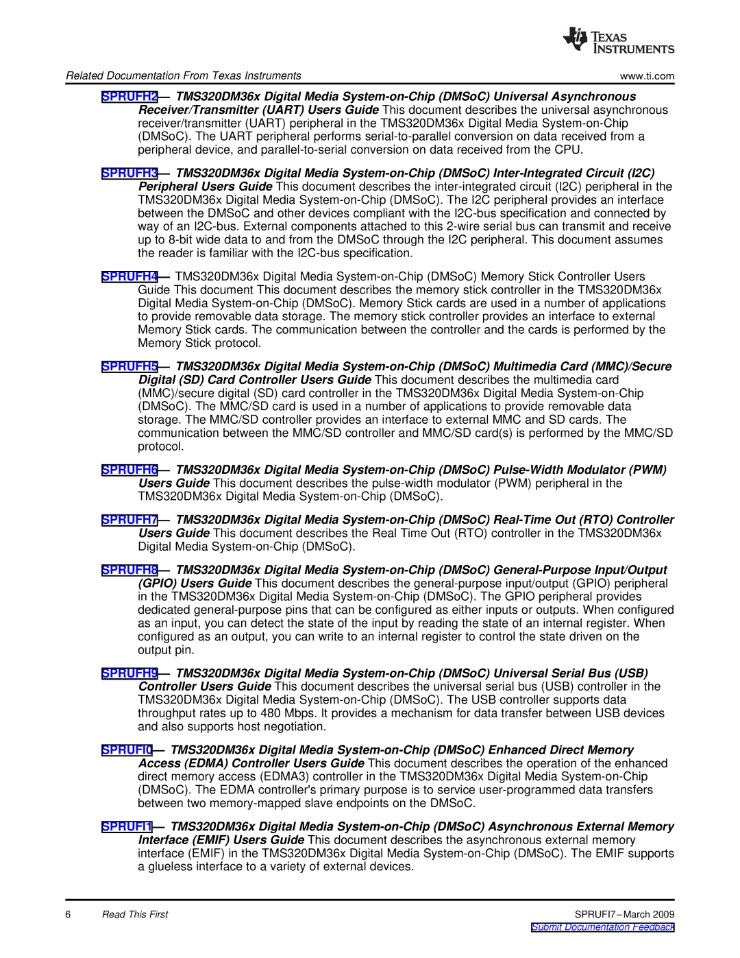 Texas Instruments TMS320DM36X manual Related Documentation From Texas Instruments 