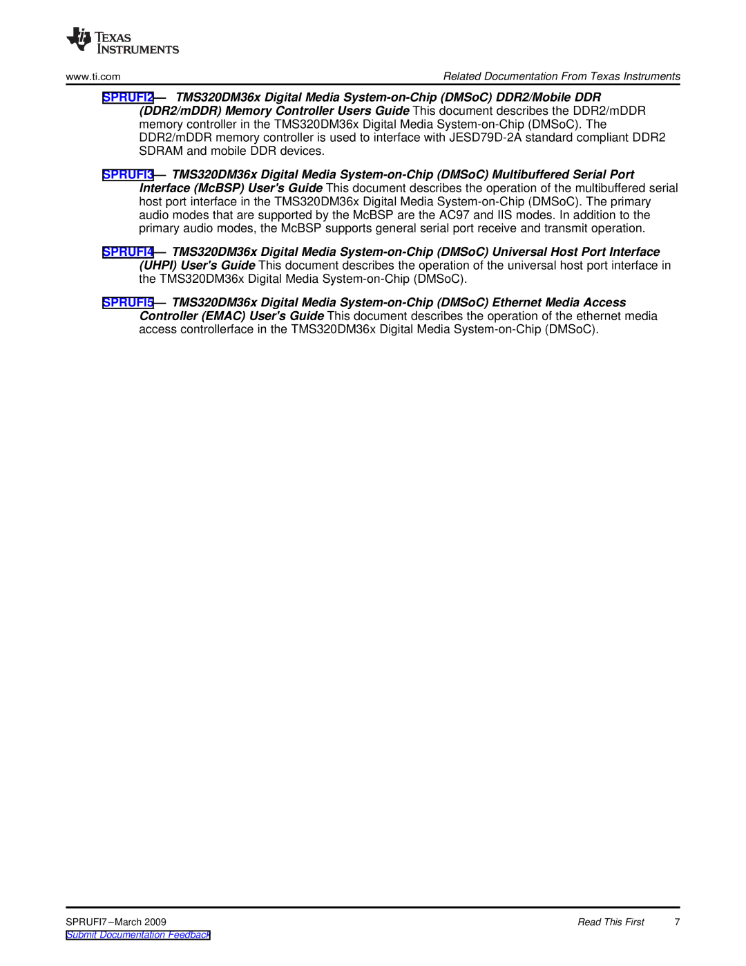 Texas Instruments TMS320DM36X manual Related Documentation From Texas Instruments 