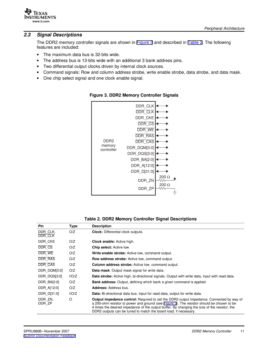 Texas Instruments TMS320DM643 DDR2 Memory Controller Signal Descriptions, Pin Type Description, Chip select Active low 