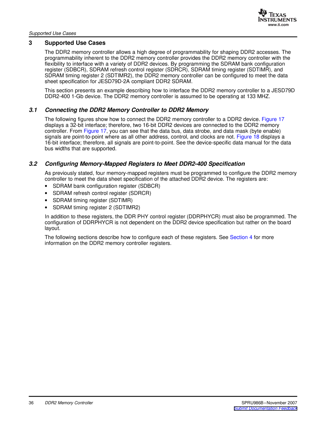 Texas Instruments TMS320DM643 manual Supported Use Cases, Connecting the DDR2 Memory Controller to DDR2 Memory 