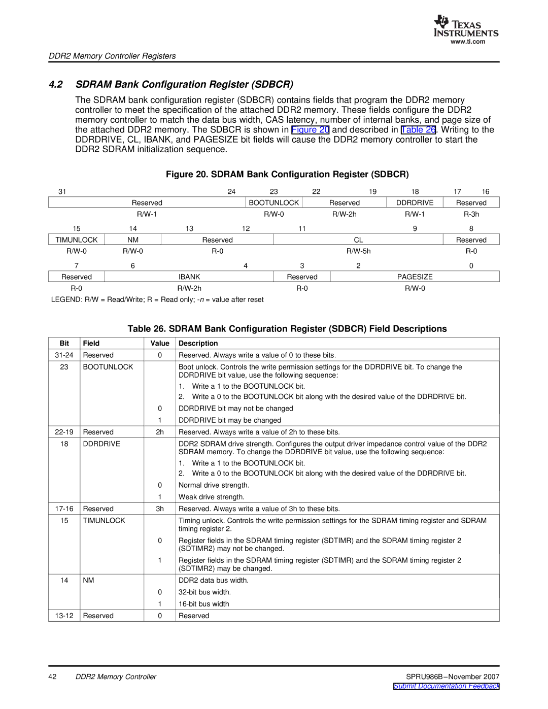 Texas Instruments TMS320DM643 manual Sdram Bank Configuration Register Sdbcr, Bit Field Value Description 