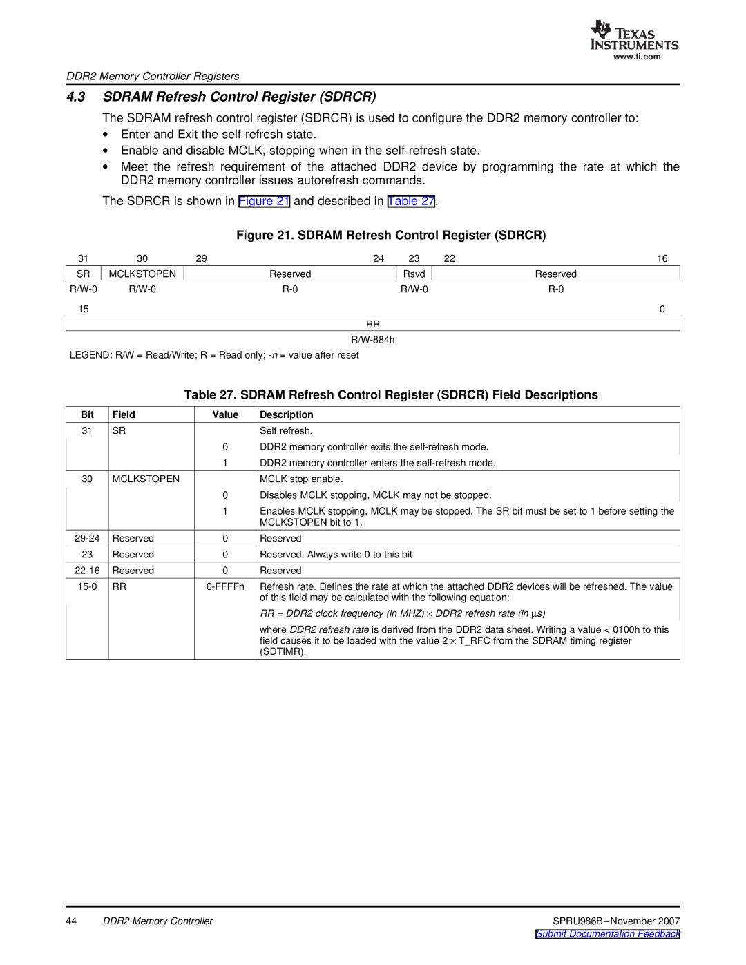 Texas Instruments TMS320DM643 manual Sdram Refresh Control Register Sdrcr 