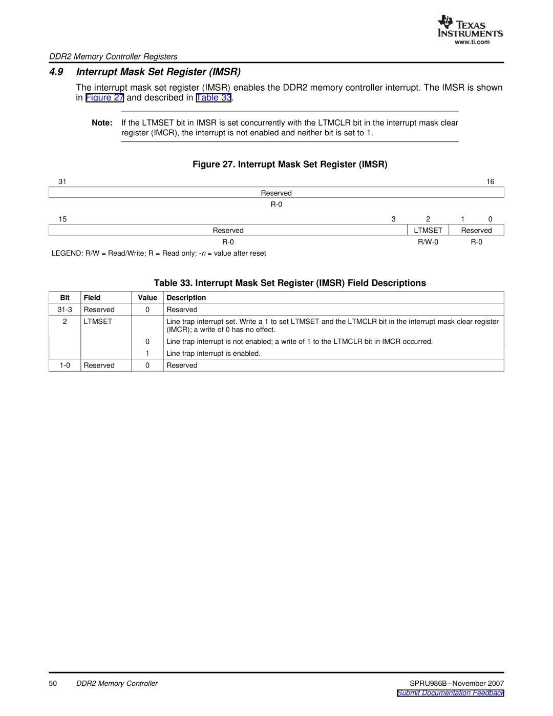 Texas Instruments TMS320DM643 manual Interrupt Mask Set Register Imsr Field Descriptions 