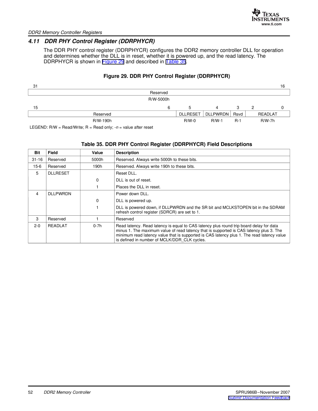 Texas Instruments TMS320DM643 manual DDR PHY Control Register Ddrphycr Field Descriptions 