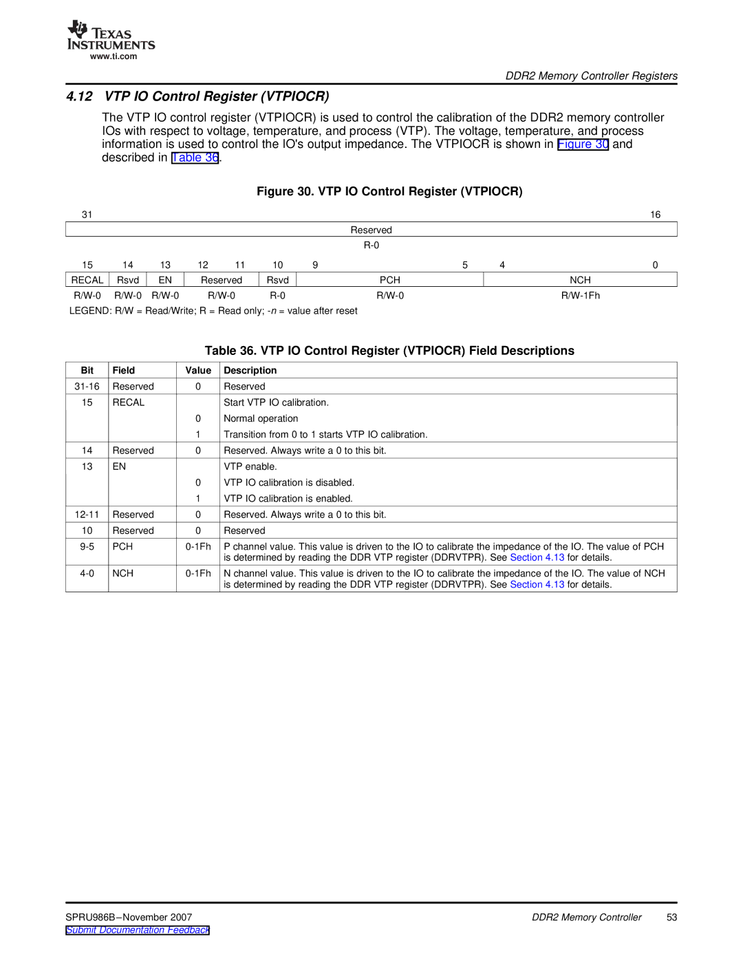 Texas Instruments TMS320DM643 manual VTP IO Control Register Vtpiocr Field Descriptions 