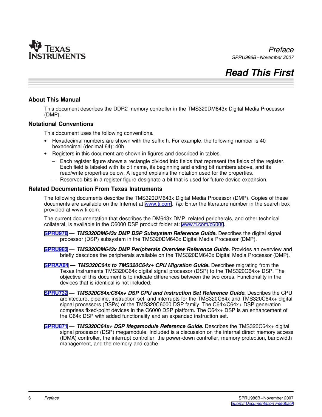 Texas Instruments TMS320DM643 manual Read This First 