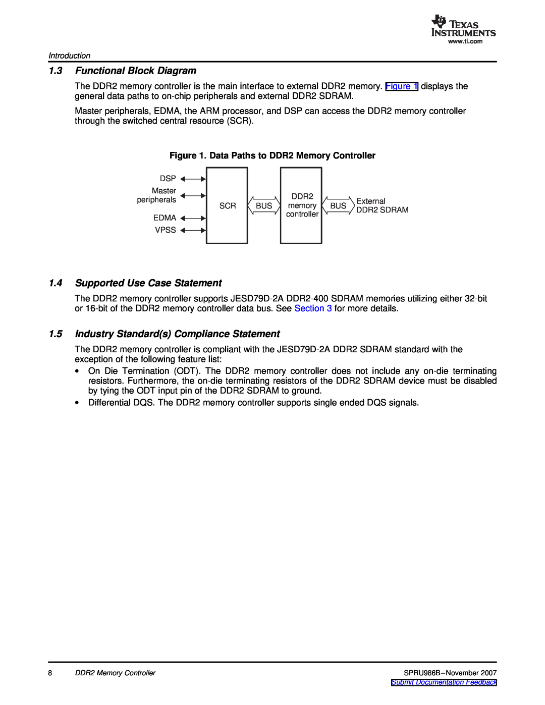 Texas Instruments TMS320DM643 Functional Block Diagram, Supported Use Case Statement, Data Paths to DDR2 Memory Controller 