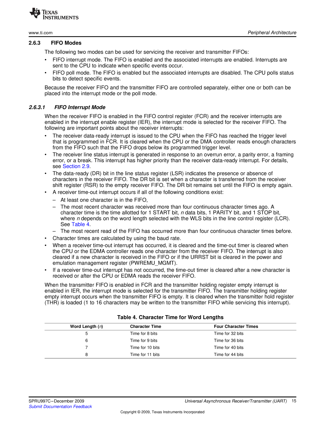 Texas Instruments TMS320DM643X DMP manual Fifo Modes, Character Time for Word Lengths, Character Time Four Character Times 