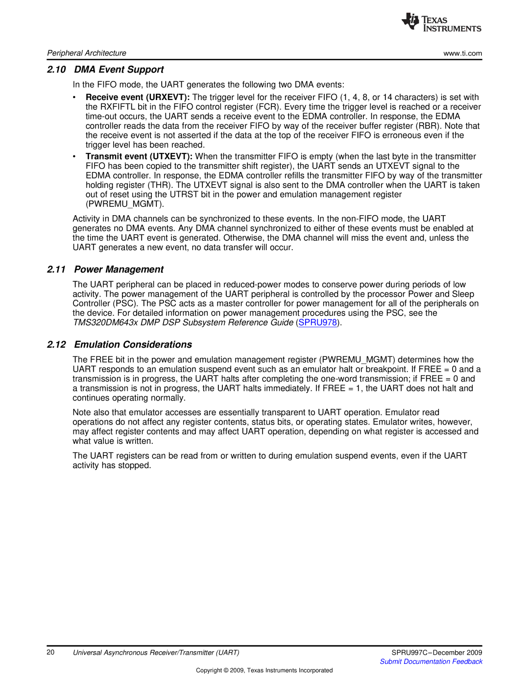 Texas Instruments TMS320DM643X DMP manual DMA Event Support, Power Management, Emulation Considerations 