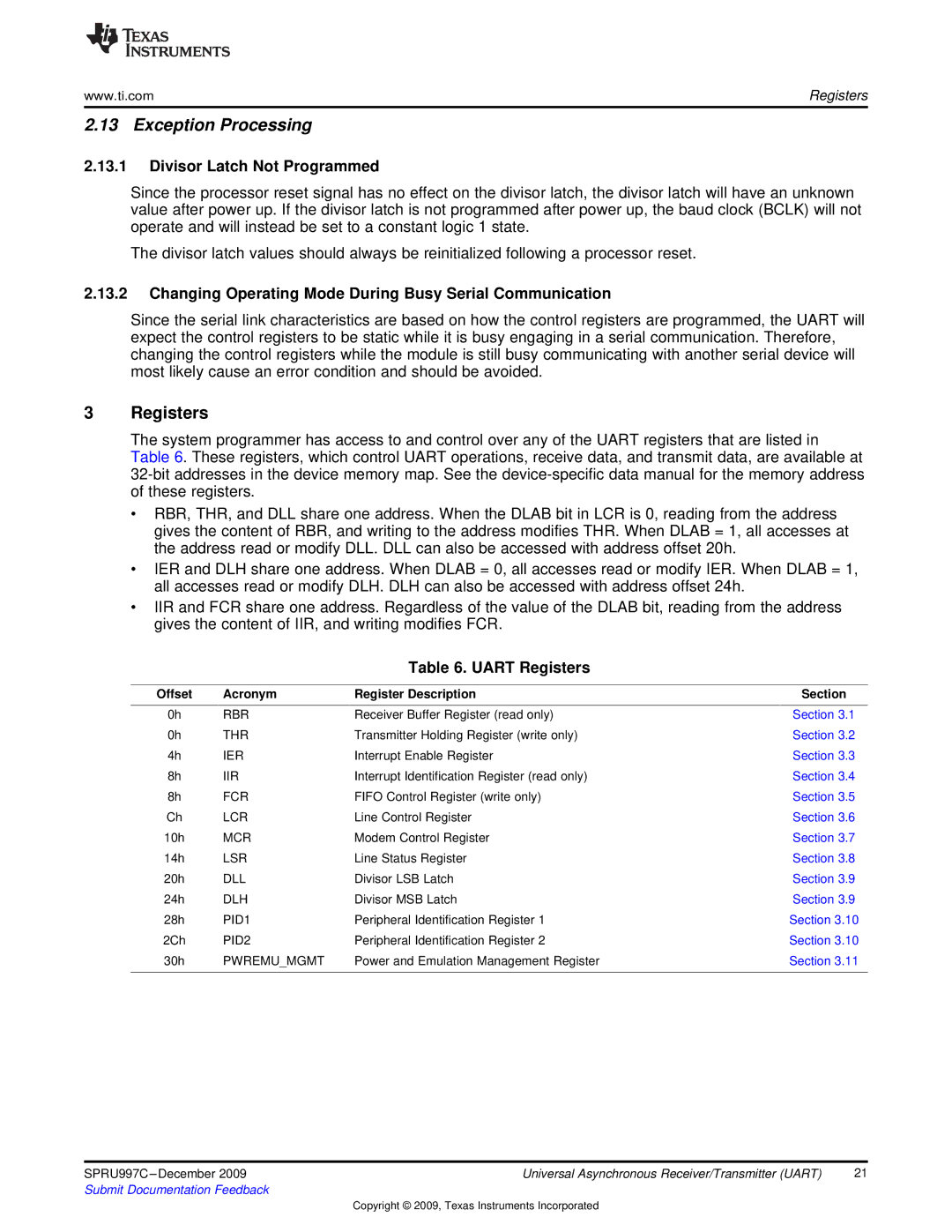 Texas Instruments TMS320DM643X DMP manual Exception Processing, Divisor Latch Not Programmed, Uart Registers 