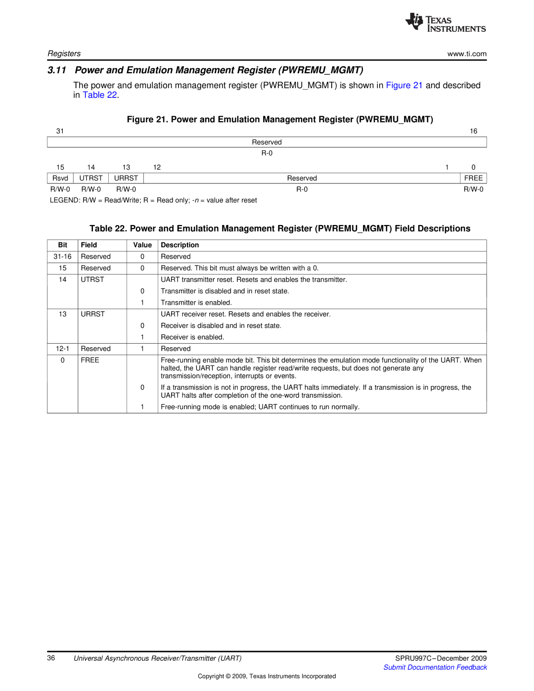 Texas Instruments TMS320DM643X DMP manual Power and Emulation Management Register Pwremumgmt, Utrst Urrst, Free 
