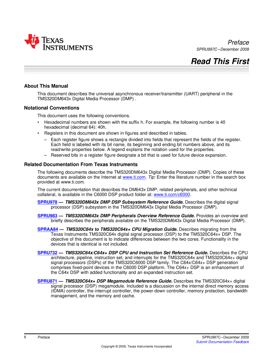 Texas Instruments TMS320DM643X DMP manual Read This First 