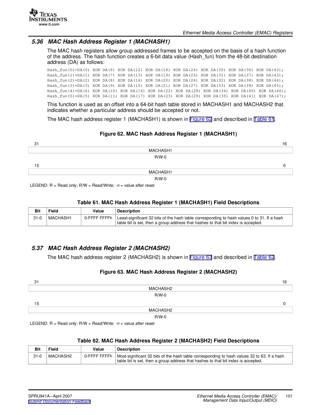 Texas Instruments TMS320DM643X DMP manual MAC Hash Address Register 1 MACHASH1, MAC Hash Address Register 2 MACHASH2 