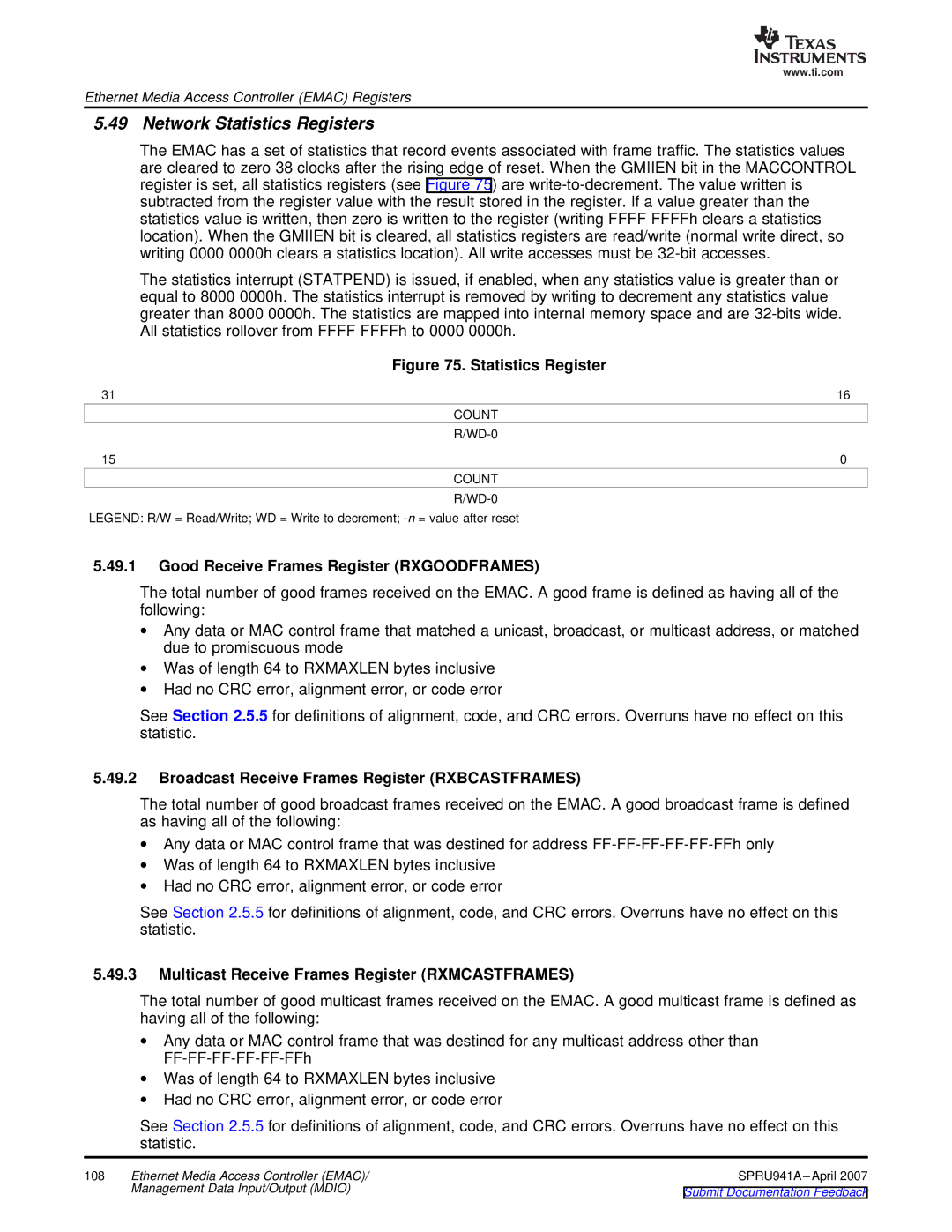 Texas Instruments TMS320DM643X DMP manual Network Statistics Registers, Good Receive Frames Register Rxgoodframes, Count 