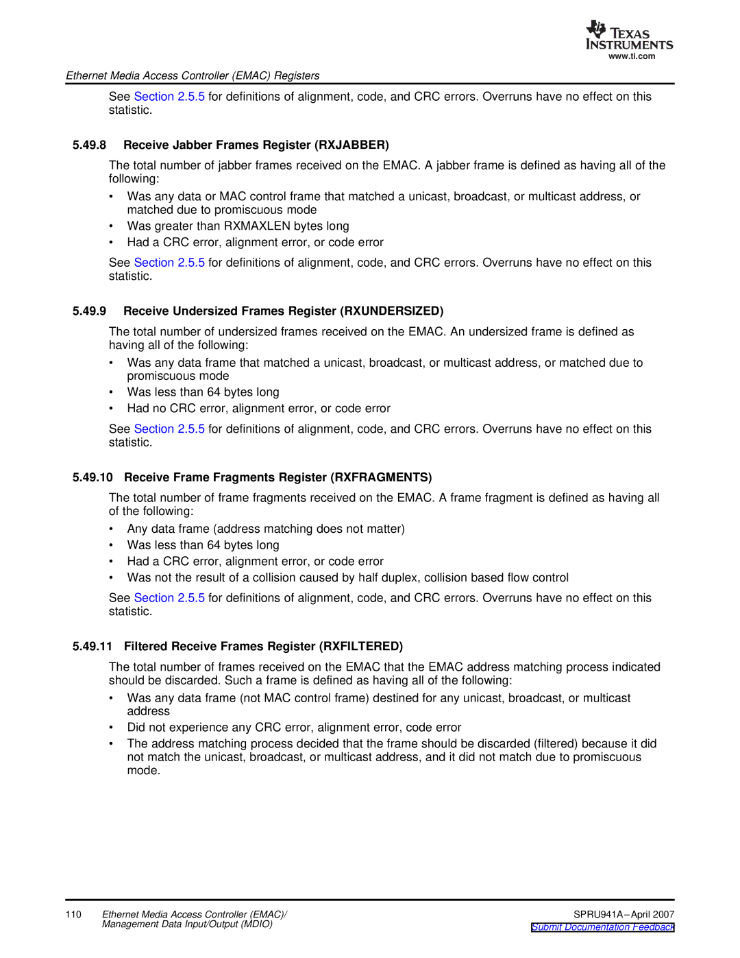 Texas Instruments TMS320DM643X DMP Receive Jabber Frames Register Rxjabber, Receive Frame Fragments Register Rxfragments 