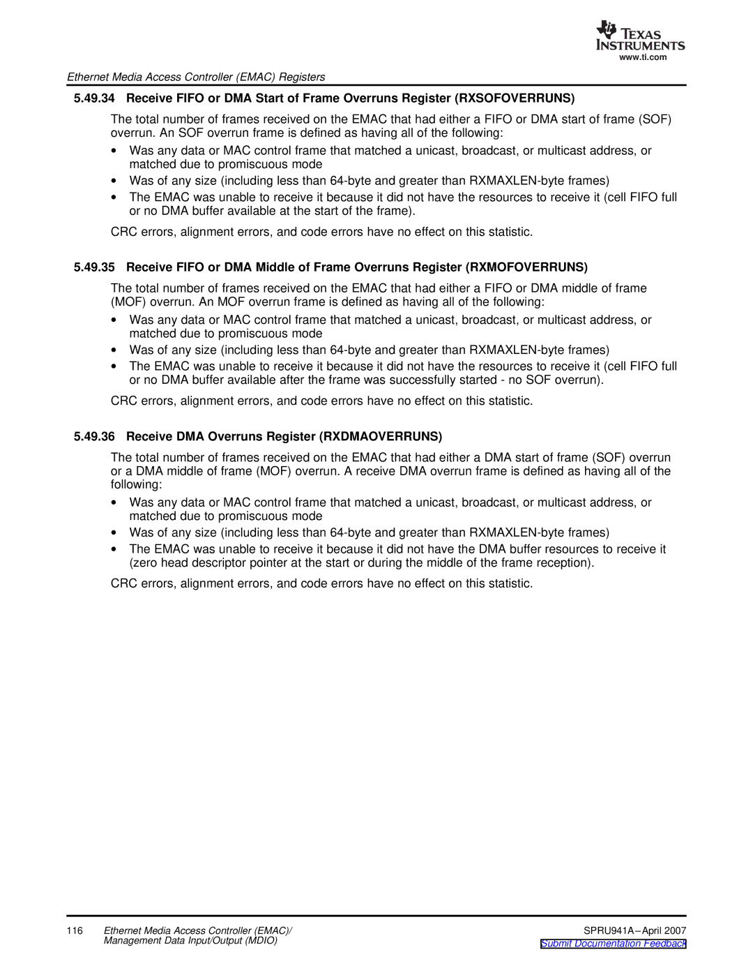 Texas Instruments TMS320DM643X DMP manual Receive DMA Overruns Register Rxdmaoverruns 