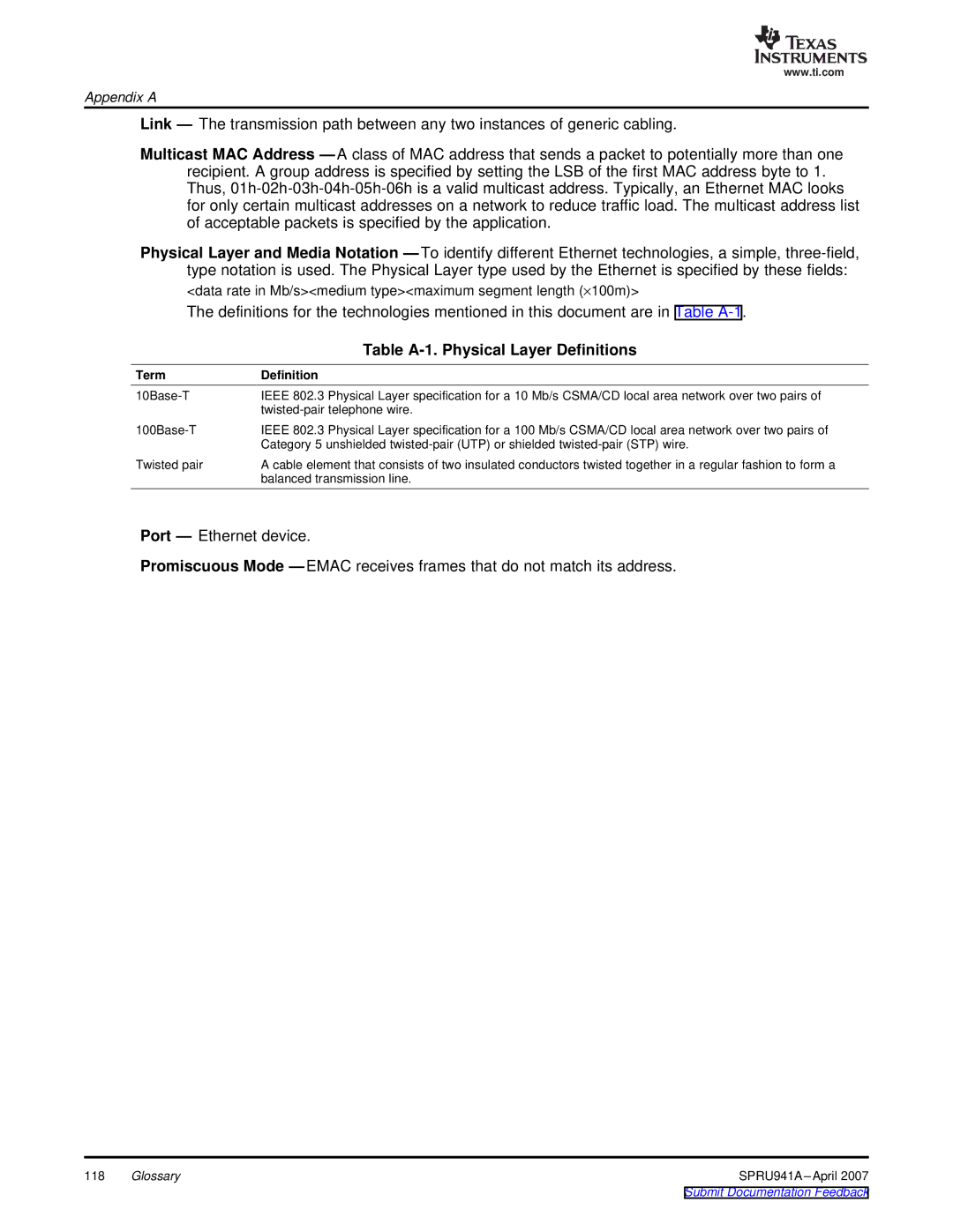 Texas Instruments TMS320DM643X DMP manual Table A-1. Physical Layer Definitions, Term Definition 