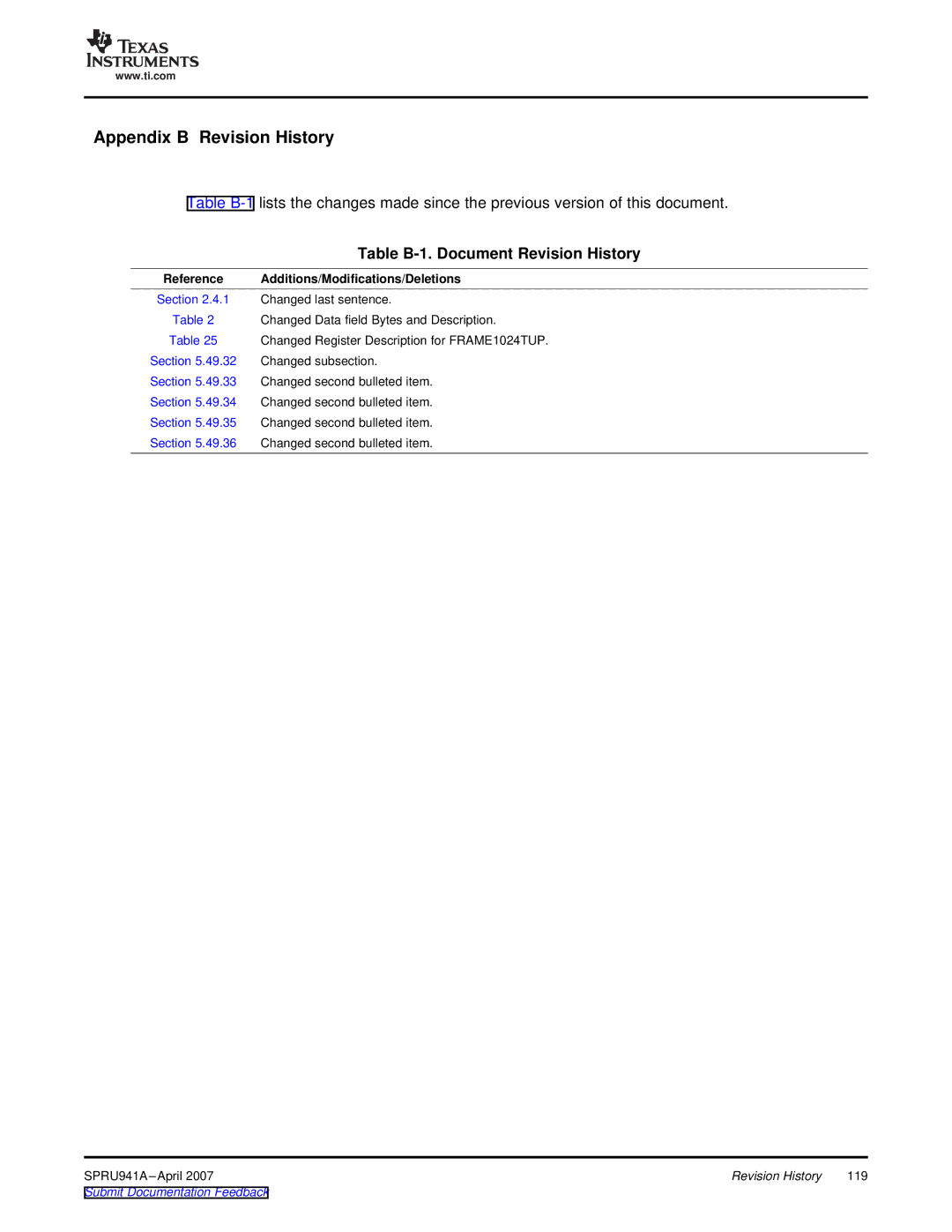 Texas Instruments TMS320DM643X DMP manual Table B-1. Document Revision History, Reference Additions/Modifications/Deletions 