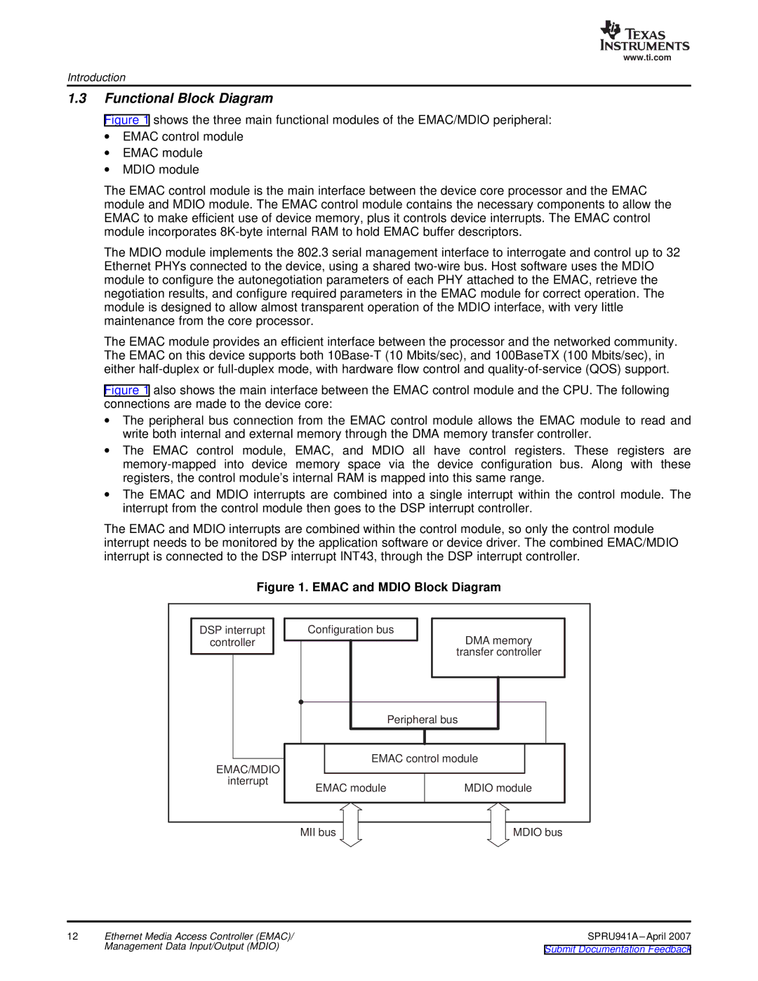 Texas Instruments TMS320DM643X DMP manual Functional Block Diagram, Emac and Mdio Block Diagram 