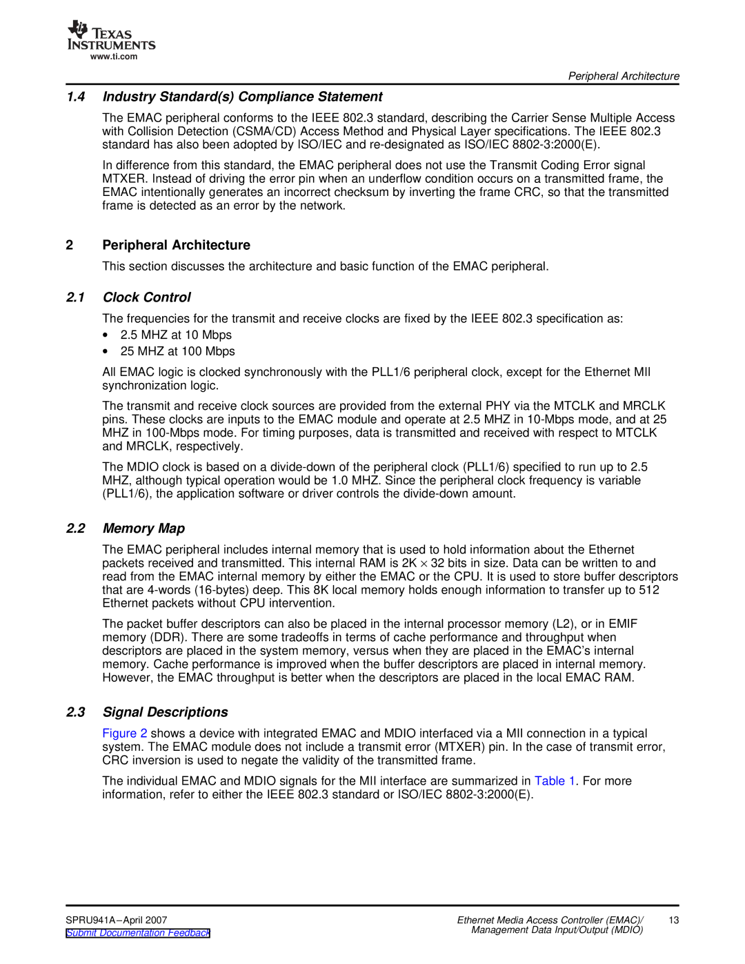 Texas Instruments TMS320DM643X DMP Industry Standards Compliance Statement, Clock Control, Memory Map, Signal Descriptions 