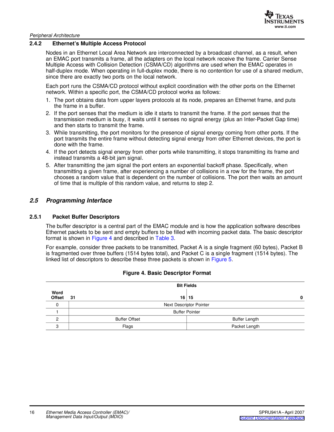 Texas Instruments TMS320DM643X DMP Programming Interface, Ethernet’s Multiple Access Protocol, Packet Buffer Descriptors 