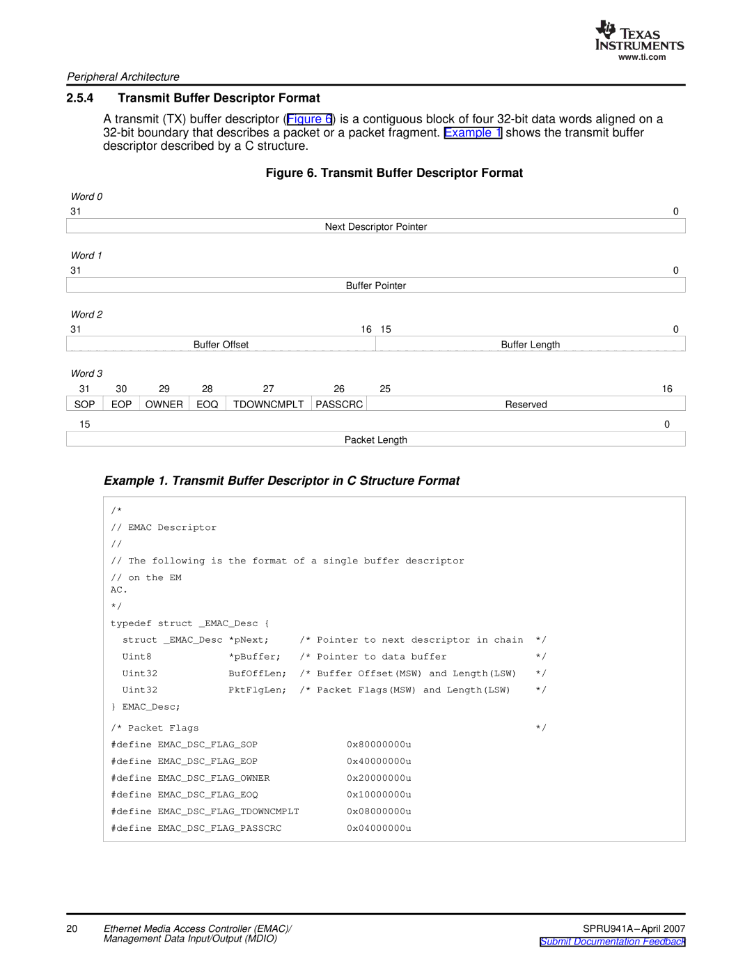 Texas Instruments TMS320DM643X DMP manual Transmit Buffer Descriptor Format 
