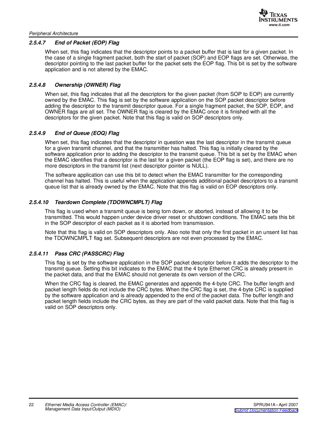 Texas Instruments TMS320DM643X DMP manual End of Packet EOP Flag, Ownership Owner Flag, End of Queue EOQ Flag 