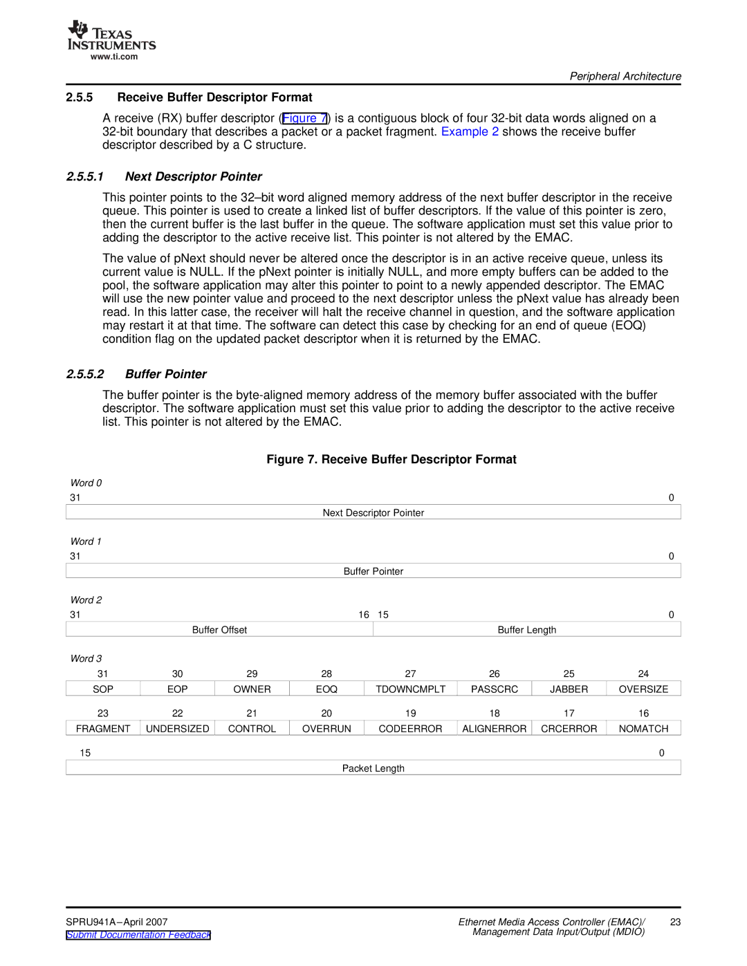 Texas Instruments TMS320DM643X DMP manual Receive Buffer Descriptor Format 