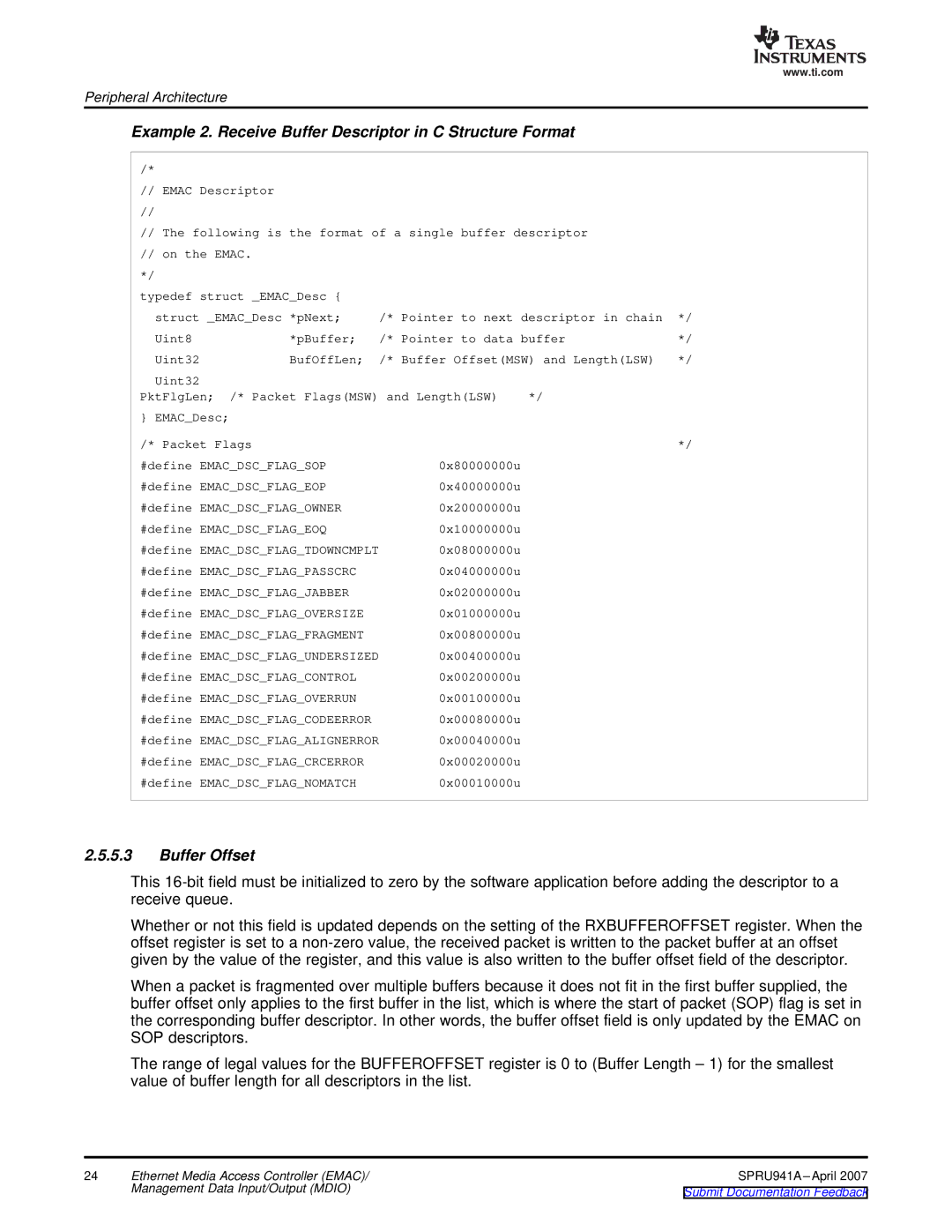 Texas Instruments TMS320DM643X DMP Example 2. Receive Buffer Descriptor in C Structure Format, #define Emacdscflagjabber 