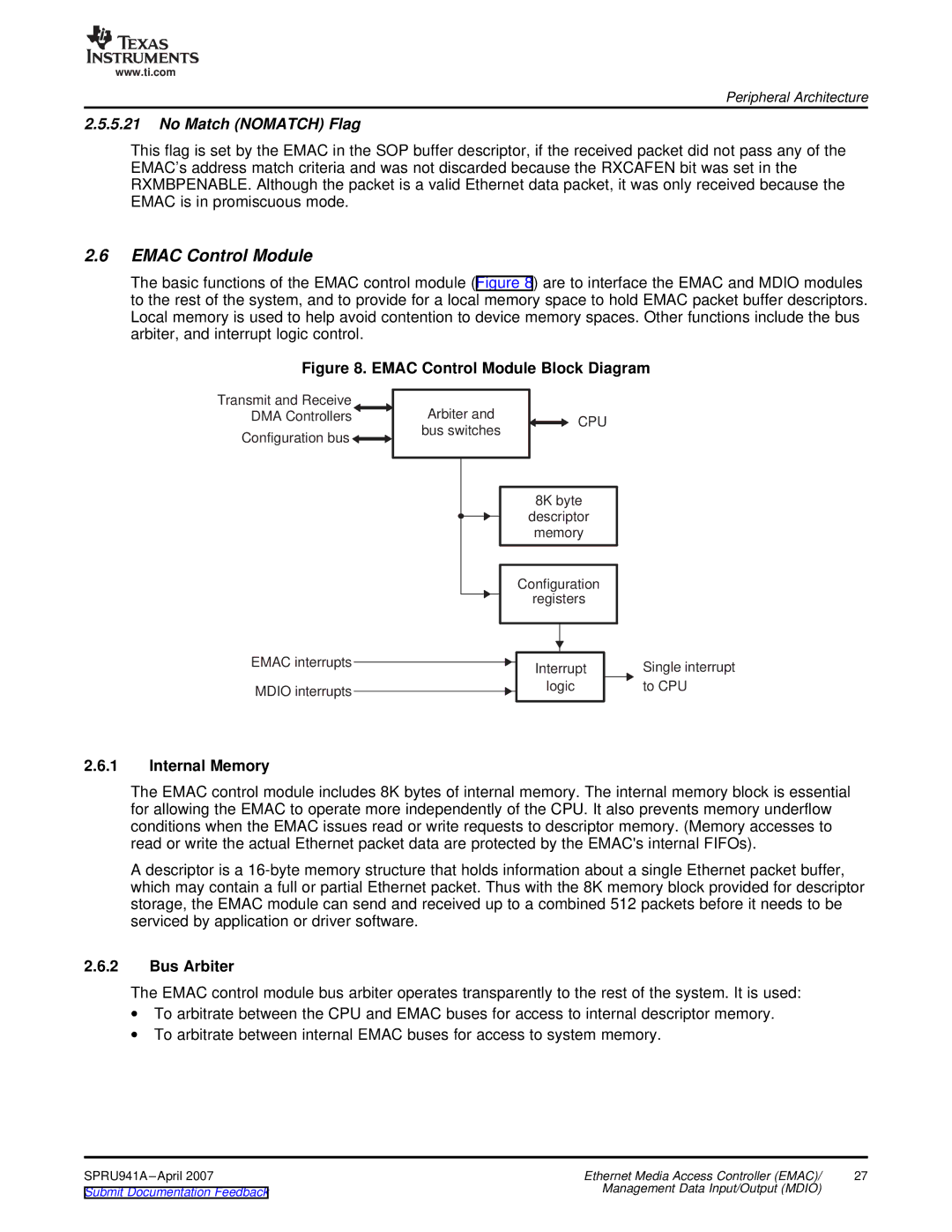 Texas Instruments TMS320DM643X DMP manual Emac Control Module, No Match Nomatch Flag, Internal Memory, Bus Arbiter, Cpu 