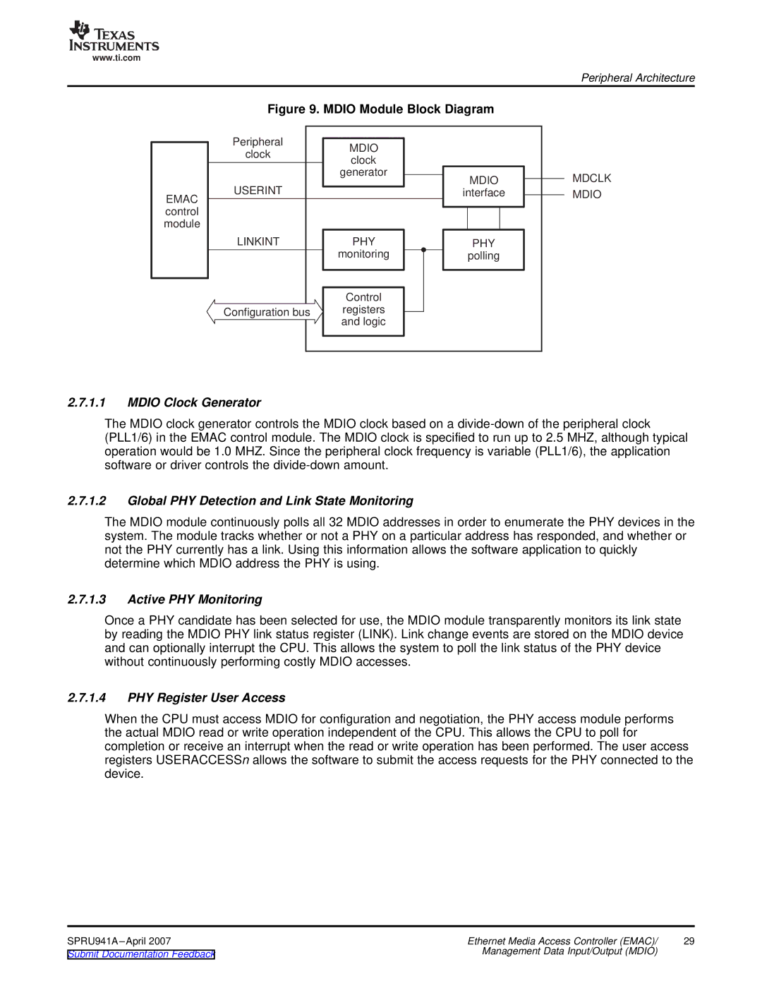 Texas Instruments TMS320DM643X DMP manual Mdio Clock Generator, Global PHY Detection and Link State Monitoring 