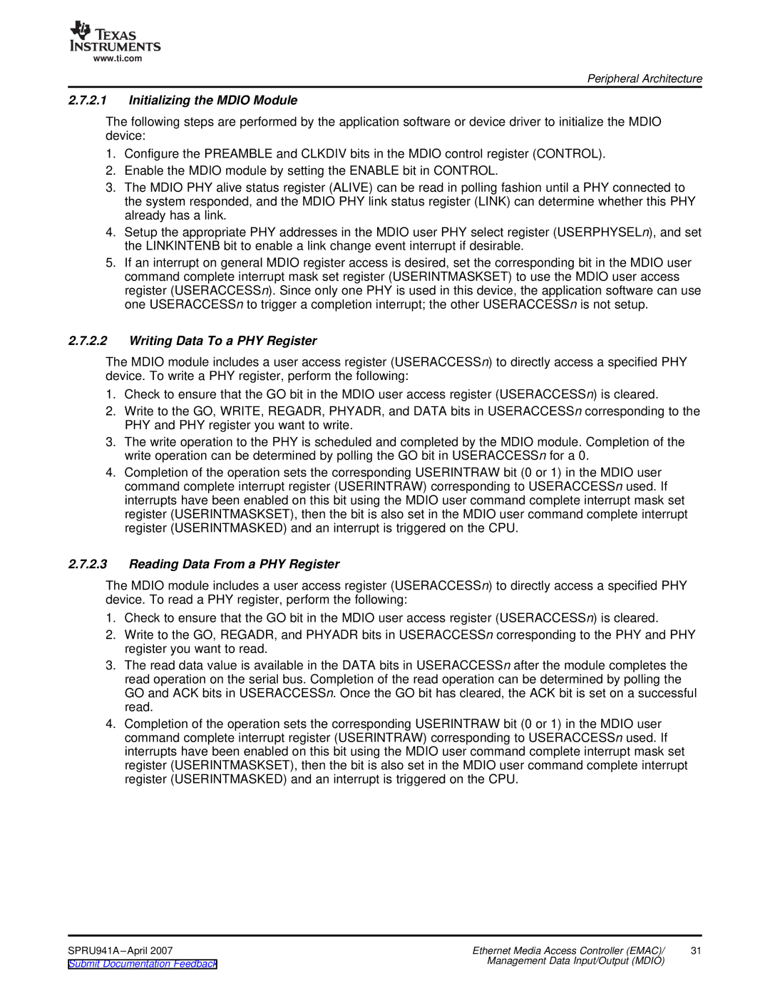 Texas Instruments TMS320DM643X DMP manual Initializing the Mdio Module, Writing Data To a PHY Register 