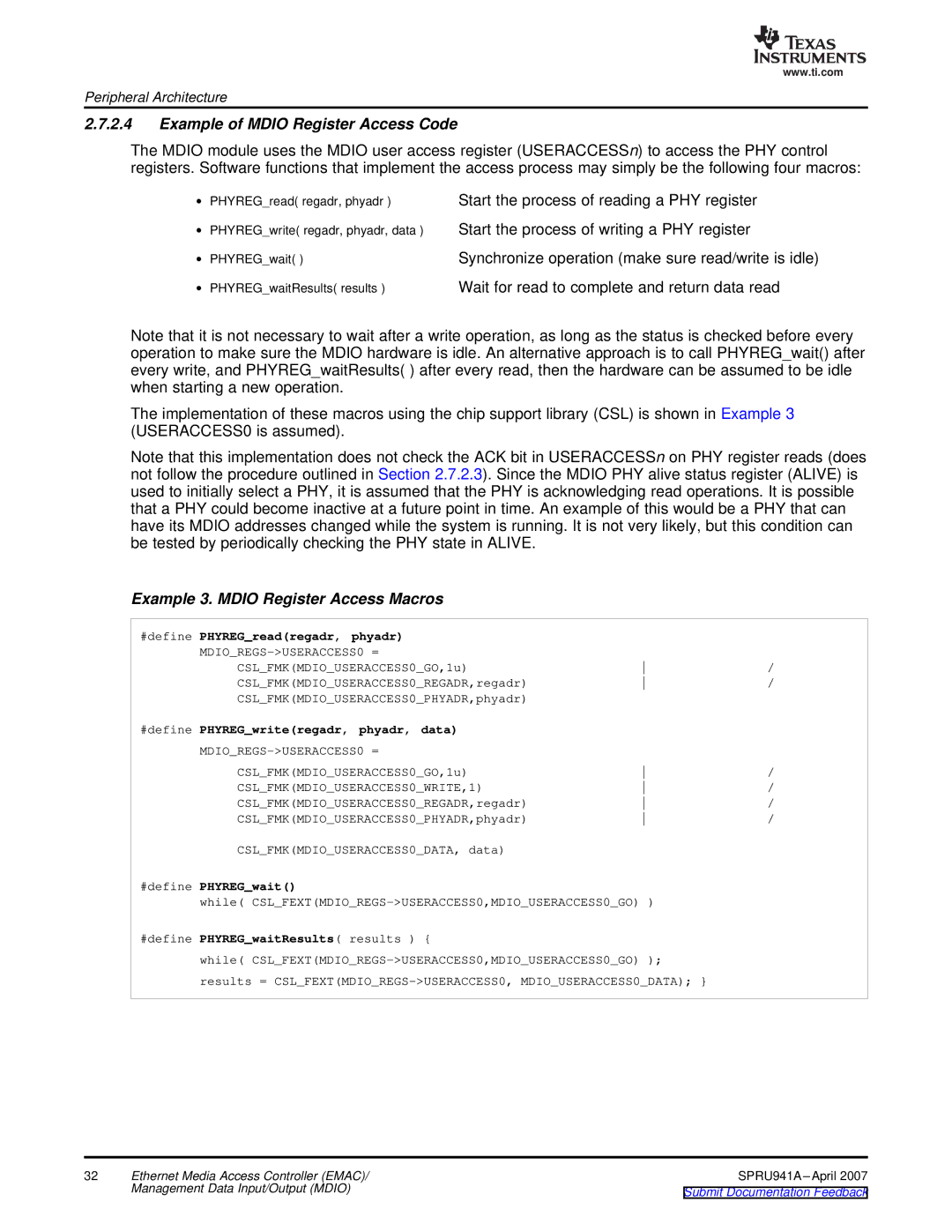 Texas Instruments TMS320DM643X DMP manual Example of Mdio Register Access Code, Example 3. Mdio Register Access Macros 