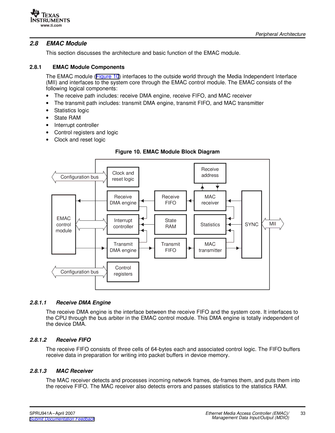 Texas Instruments TMS320DM643X DMP manual Emac Module Components, Receive DMA Engine, Receive Fifo, MAC Receiver 