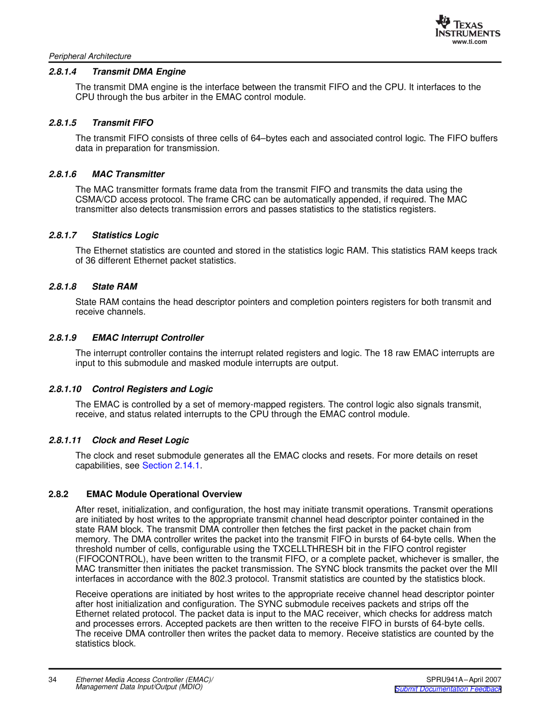 Texas Instruments TMS320DM643X DMP manual Transmit DMA Engine, Transmit Fifo, MAC Transmitter, Statistics Logic, State RAM 