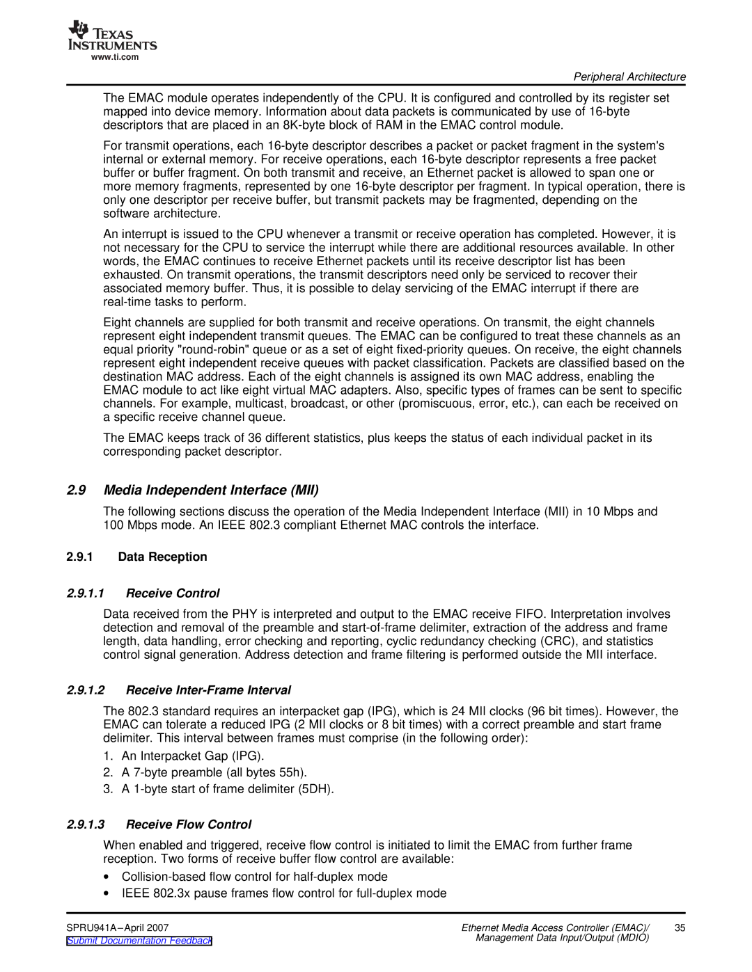 Texas Instruments TMS320DM643X DMP Media Independent Interface MII, Data Reception, Receive Control, Receive Flow Control 