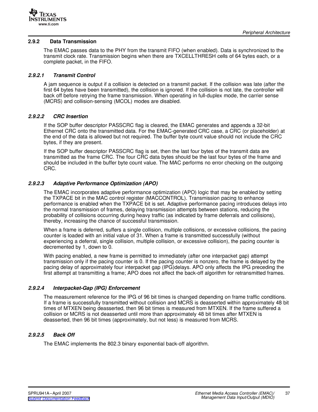 Texas Instruments TMS320DM643X DMP manual Transmit Control, CRC Insertion, Adaptive Performance Optimization APO, Back Off 