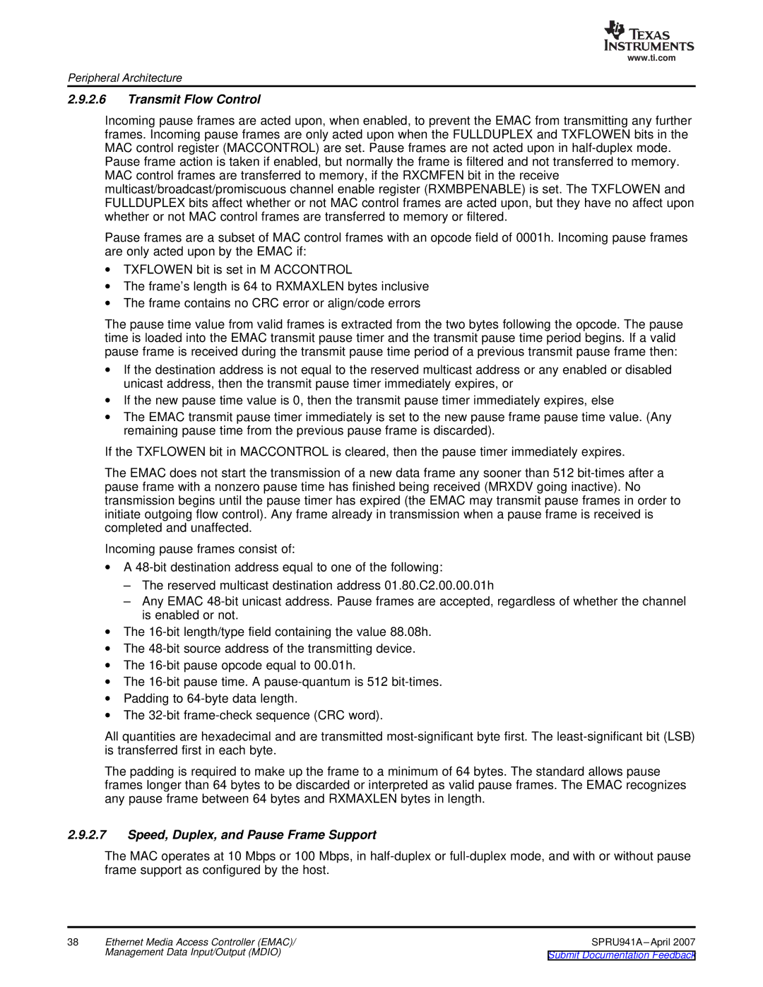 Texas Instruments TMS320DM643X DMP manual Transmit Flow Control, Speed, Duplex, and Pause Frame Support 