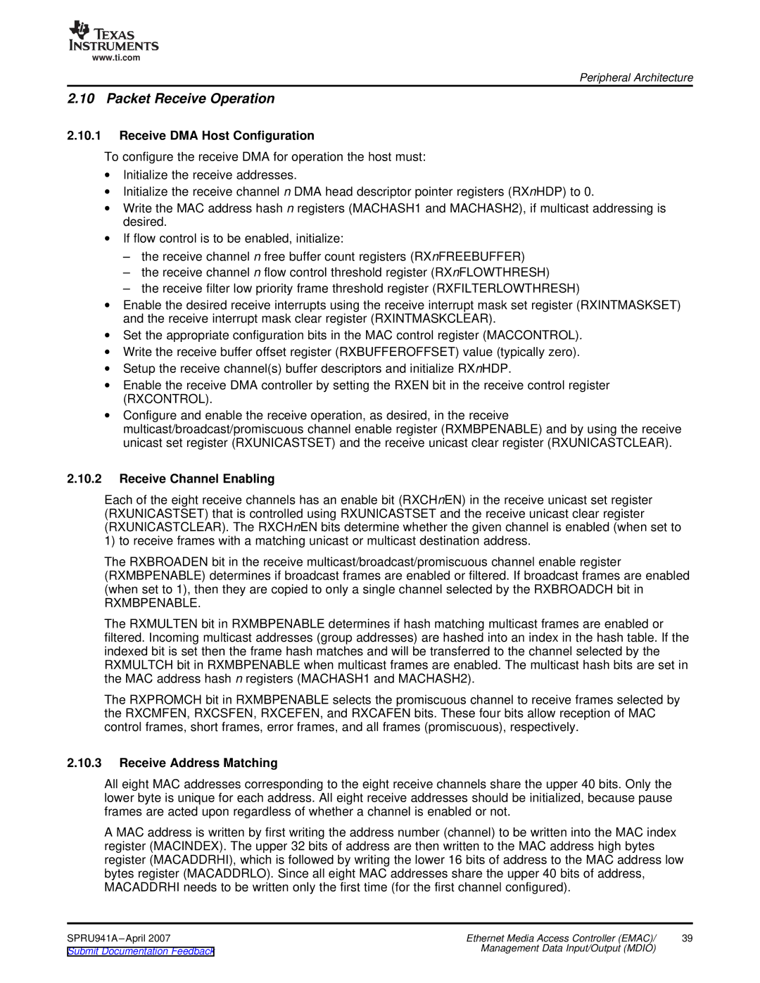 Texas Instruments TMS320DM643X DMP Packet Receive Operation, Receive DMA Host Configuration, Receive Channel Enabling 