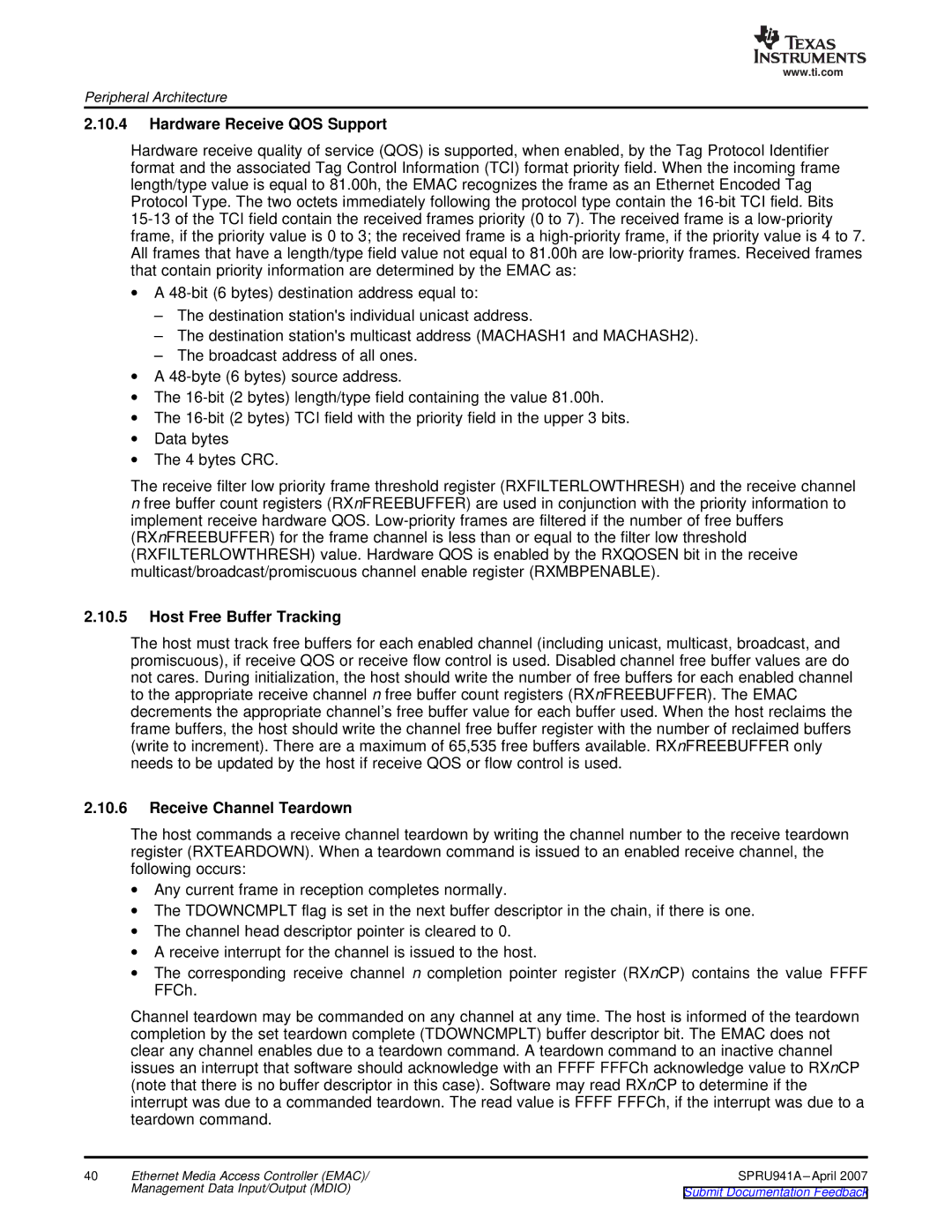 Texas Instruments TMS320DM643X DMP manual Hardware Receive QOS Support, Host Free Buffer Tracking, Receive Channel Teardown 