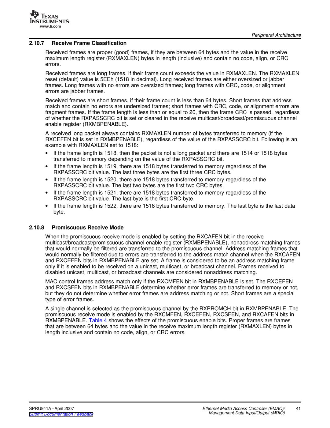 Texas Instruments TMS320DM643X DMP manual Receive Frame Classification, Promiscuous Receive Mode 