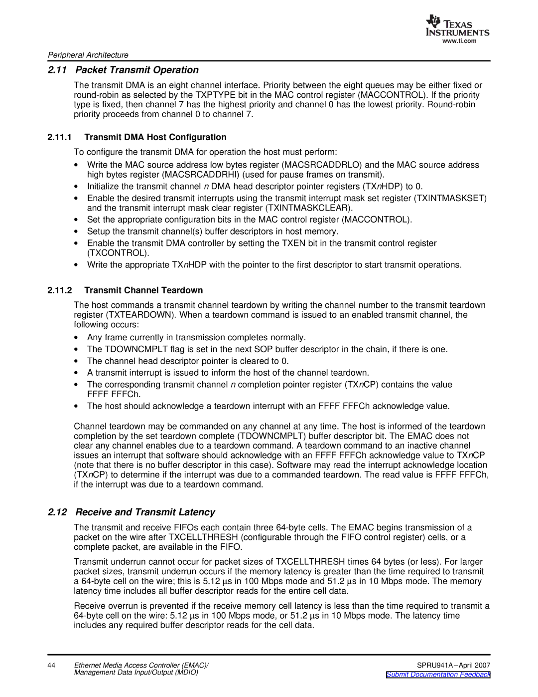 Texas Instruments TMS320DM643X DMP Packet Transmit Operation, Receive and Transmit Latency, Transmit Channel Teardown 