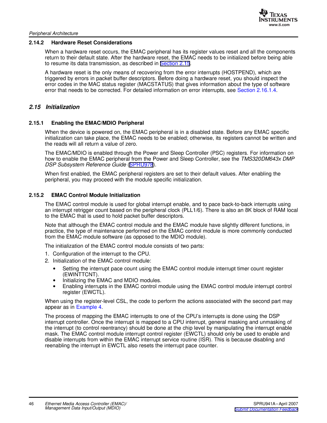 Texas Instruments TMS320DM643X DMP manual Initialization, Hardware Reset Considerations, Enabling the EMAC/MDIO Peripheral 