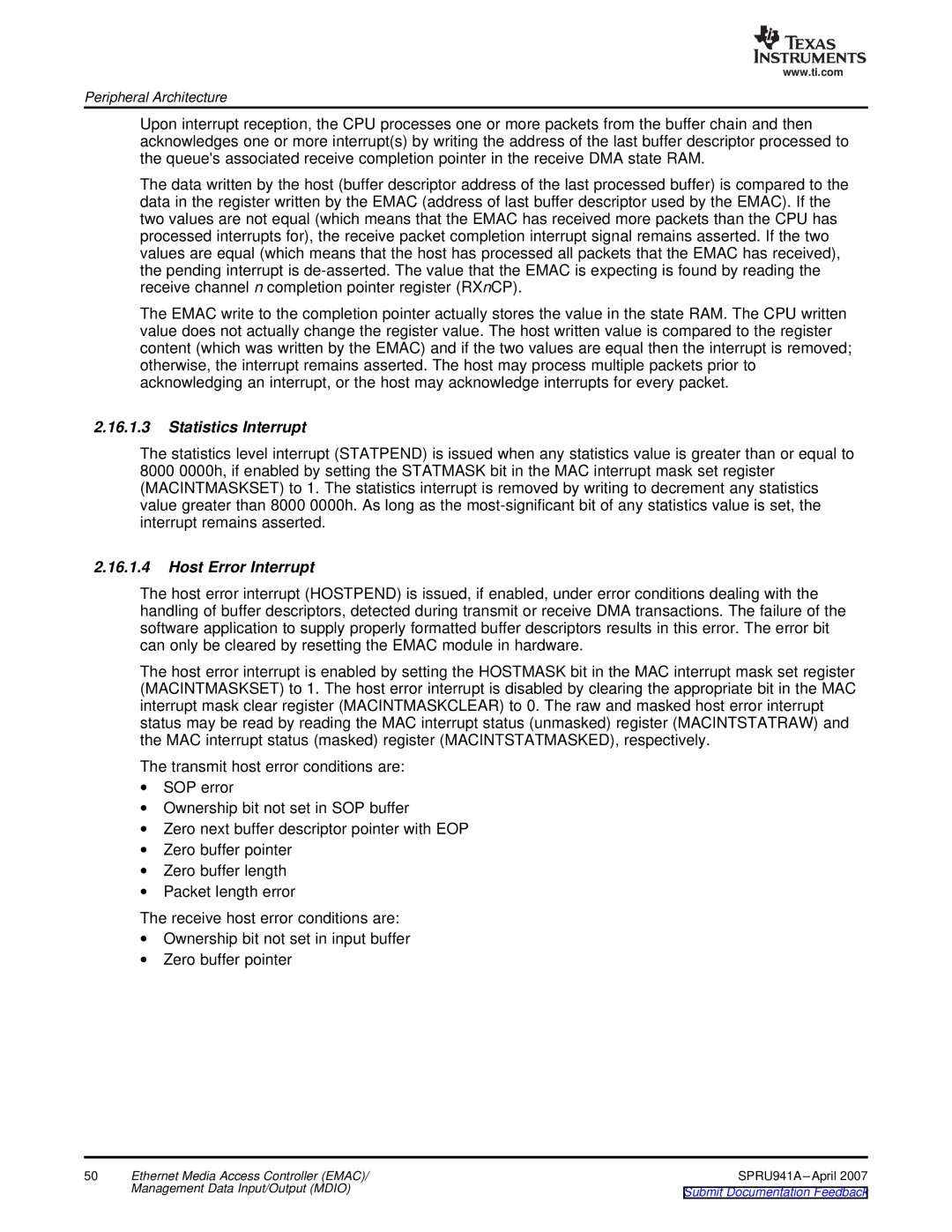 Texas Instruments TMS320DM643X DMP manual Statistics Interrupt, Host Error Interrupt 