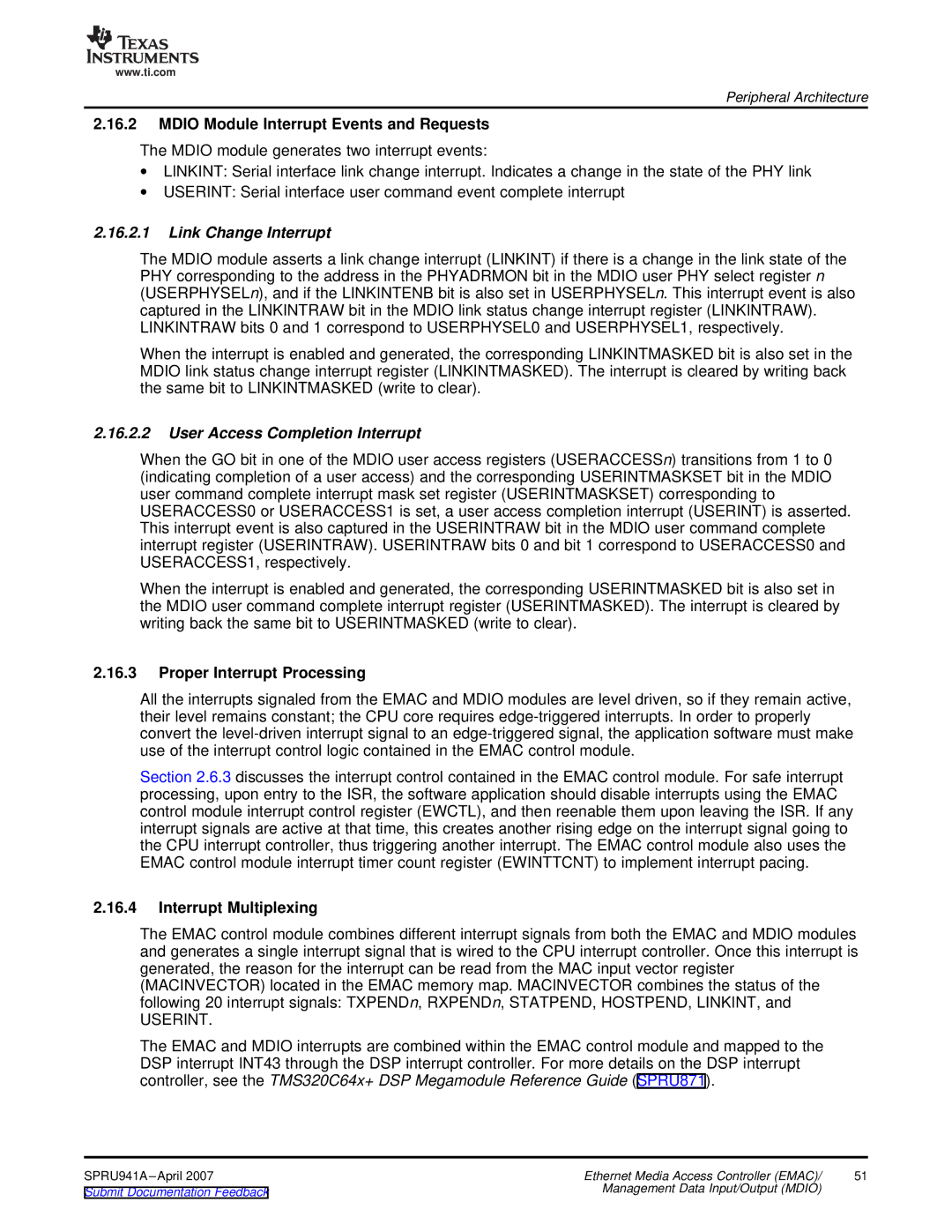 Texas Instruments TMS320DM643X DMP manual Mdio Module Interrupt Events and Requests, Link Change Interrupt 