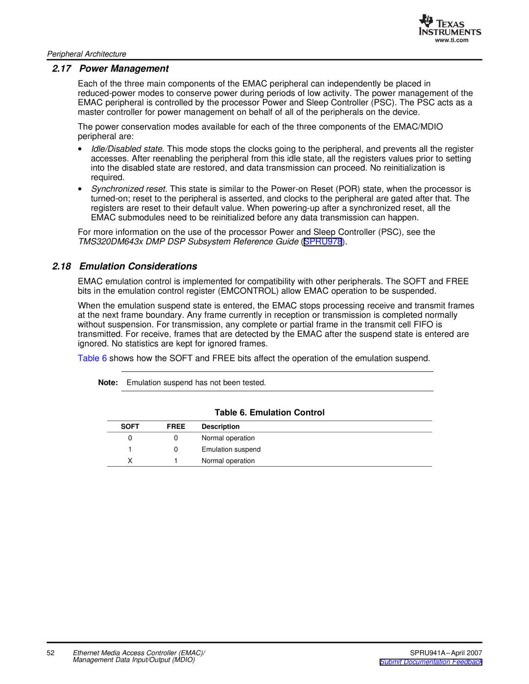 Texas Instruments TMS320DM643X DMP manual Power Management, Emulation Considerations, Emulation Control 