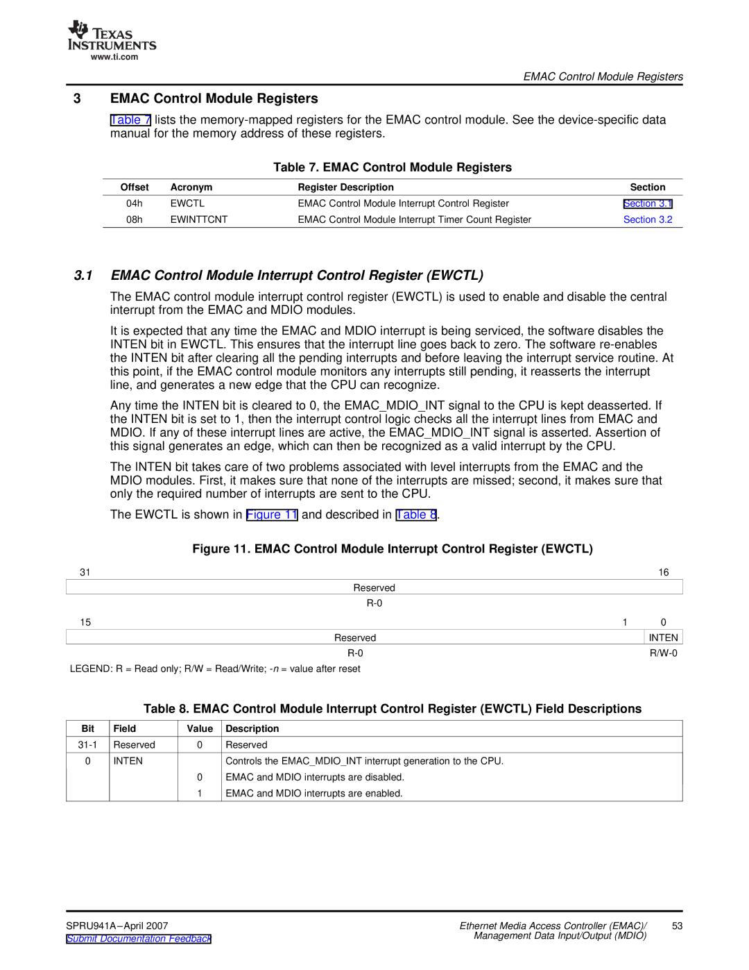 Texas Instruments TMS320DM643X DMP Emac Control Module Interrupt Control Register Ewctl, Emac Control Module Registers 