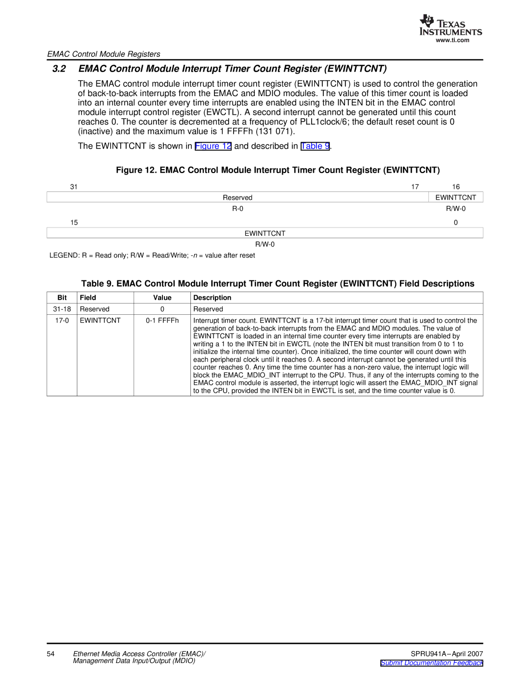 Texas Instruments TMS320DM643X DMP manual Emac Control Module Interrupt Timer Count Register Ewinttcnt 