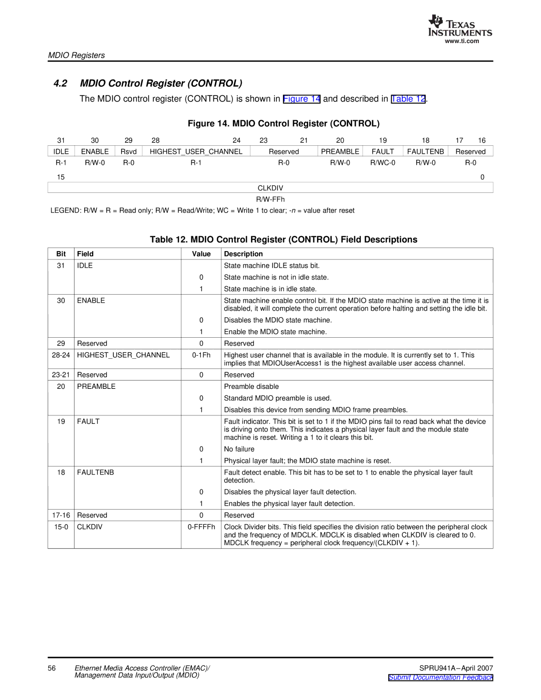 Texas Instruments TMS320DM643X DMP manual Mdio Control Register Control Field Descriptions 